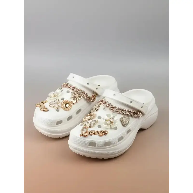 14pcs Fashionable Rhinestone & Letter Decorated Shoes Decorations, Chain & Bowknot Design Shoes Charm Rhinestone Shoes Charms For Vented Clogs Decoration