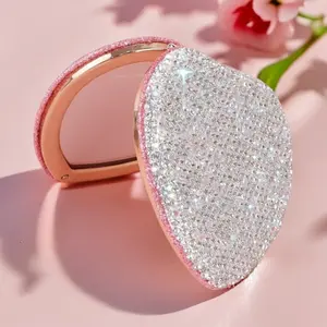 Diamond-Studded Foldable Heart-Shaped Mirror, HD Mini Portable Makeup Mirror for Girls' Dormitory, Creative Beauty Double-Sided Pocket Mirror
