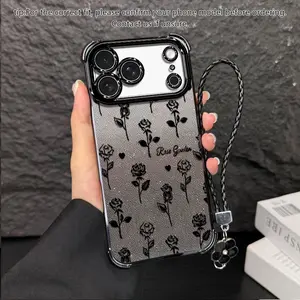 Elegant black rose🌹 glitter pattern phone case for iPhone 17 Pro Max/16 Pro Max/15 Pro/14/13/12/11 and Samsung S25/S24/S23/S22&A series, with clover lanyard, premium ultra-thin shockproof and lightweight protective case 995