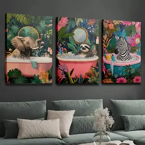 Fashionable Tropical Animal Canvas Art Prints - Set of Three, Sloth, Elephant, and Zebra Bathtub Designs, Modern Wall Decor, Suitable for Bathroom, Bedroom, Living Room - High-Quality Giclee Painting Poster in Frame, Perfect New Home Gift
