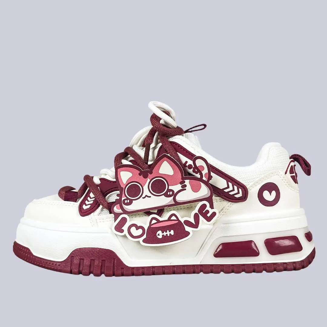 Sweetheart Meow Chunky Casual Red Sneakers – Unisex