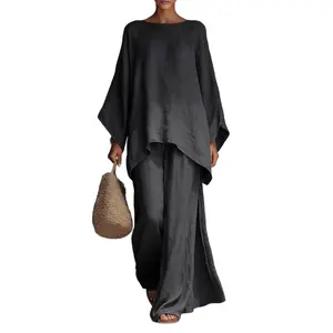 Boho Linen Two Piece Set - Perfect for Beach, Vacation & Brunch! Oversized Batwing Sleeve Top Wide Leg Pants Set # TwoPieceSet # LinenSet # WideLegPants # BatwingSleeve # SummerOutfit # BohoFashion # CasualWear # Outfit of the Day # WomensFashion