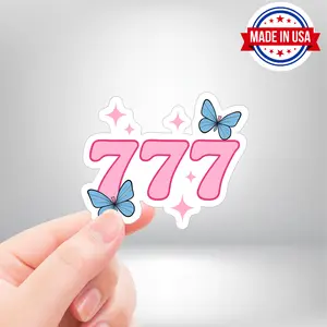 777 Lucky Girl Butterfly Stickers - Waterproof Vinyl Decal in Pink With Blue Butterflys