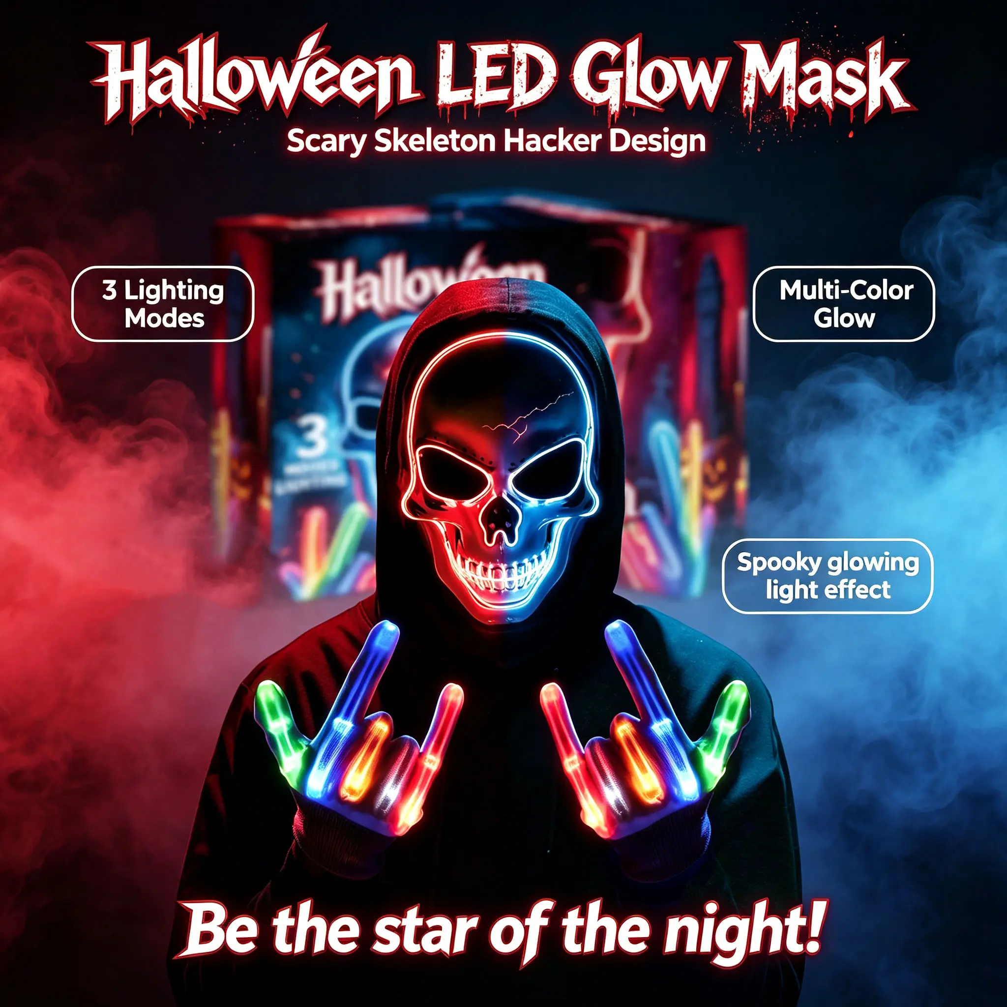 Halloween LED Light-Up Mask, Scary Luminous Skeleton Hacker Face Mask, Horror Cosplay Costume Mask for Party Decoration, Multiple Optional Light Colors, Ideal Accessory for Halloween & Horror Themed Parties