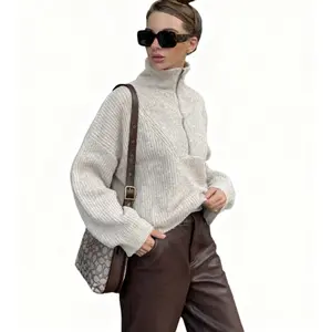 2025 New European American Retro Long Sleeve Loose V Neck Pullover Women's Knitted Sweater in Gray Dark Gray Coffee Brown Burgundy Olive Green Light Gray Sizes S M L