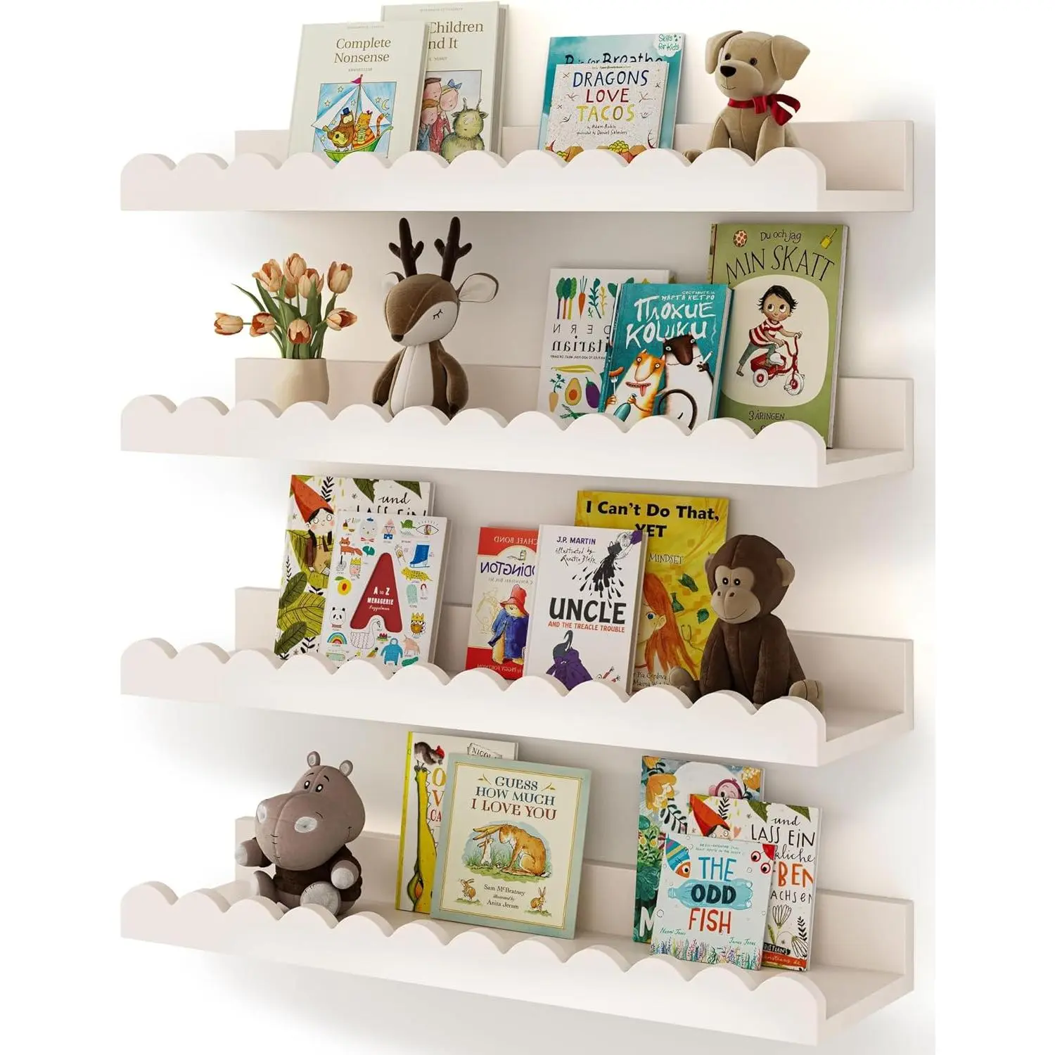 Book Shelves, 4-Pack White Floating Shelves for Wall , Scalloped Shelves, Wall Book Shelves for Bedroom ,  Room,  Room,  Decor