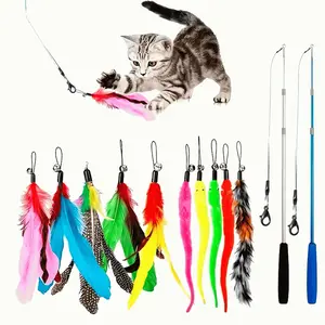 Cat Toys Feather Toy, 2PCS Retractable Wand and 10PCS Replacement Teaser with Bell Refills, Interactive Catcher and Funny Exercise for Kitten