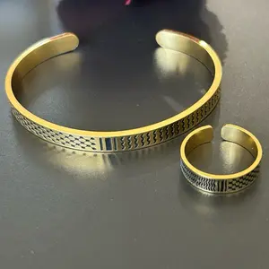 Gold-Plated Palestine Kuffiyeh Pattern Bracelet & Ring Set - Palestinian Cuff Bangle & Adjustable Ring, Symbolic Heritage Jewelry