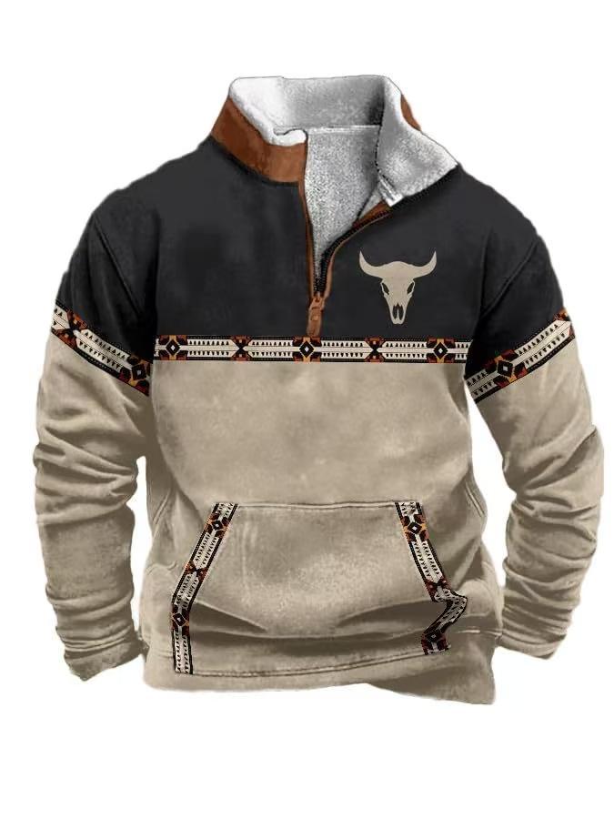 Men's Hoodie Vintage Bull Bones Pullover Long Sleeve Stand Collar Zipper Casual Zipper Sweatshirt