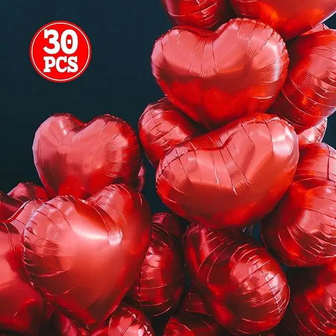 Red Heart Foil Balloons 18 Inch, 30PCS Valentines Heart Balloons Mylar, Heart Shape Balloons for Valentines Day Anniversary Wedding Party Valentines Day Decorations Decor