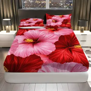 3Pcs Floral Red Pink Hibiscus Fitted Sheet Three Piece Set (1*Fitted Sheet+2*Pillowcases, Coreless), Floral Sheets, Holiday theme, Flower Bedding Set, Mattress Protector Soft, Breathable