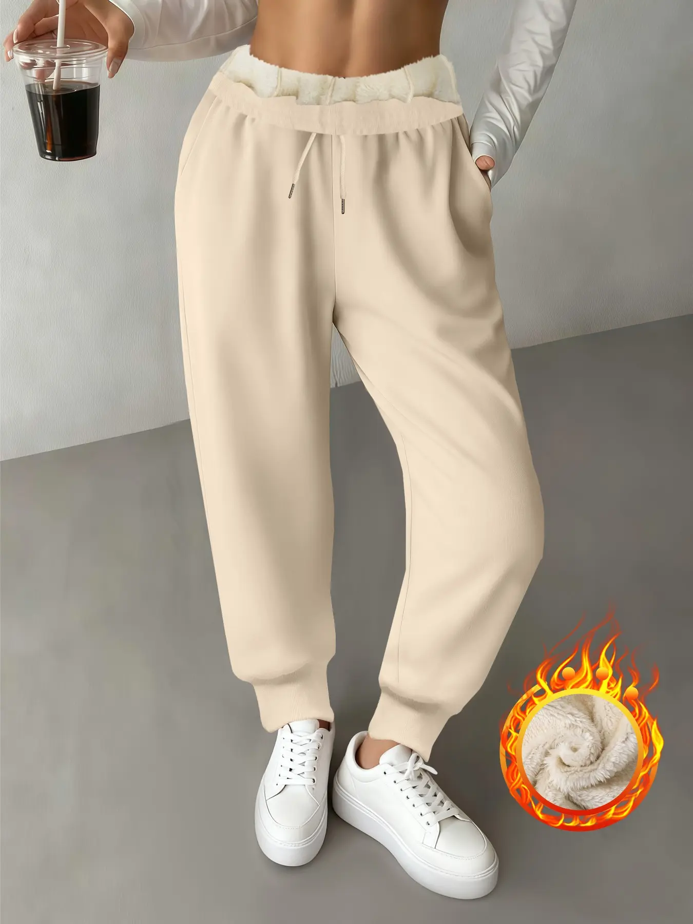 Women's Fleece Lined Thick Long Pants, Warm Lamb Wool Inner Liner, Casual Fashion Straight Leg, Drawstring Waist, Fall & Winter Wear
