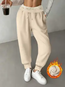 Women's Fleece Lined Thick Long Pants, Warm Lamb Wool Inner Liner, Casual Fashion Straight Leg, Drawstring Waist, Fall & Winter Wear