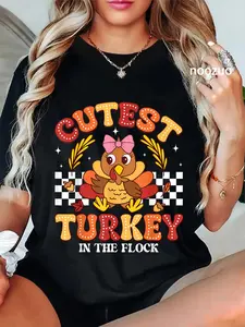 100% Cotton Cutest Turkey In The Flock Thanksgiving Girls T-Shirt
