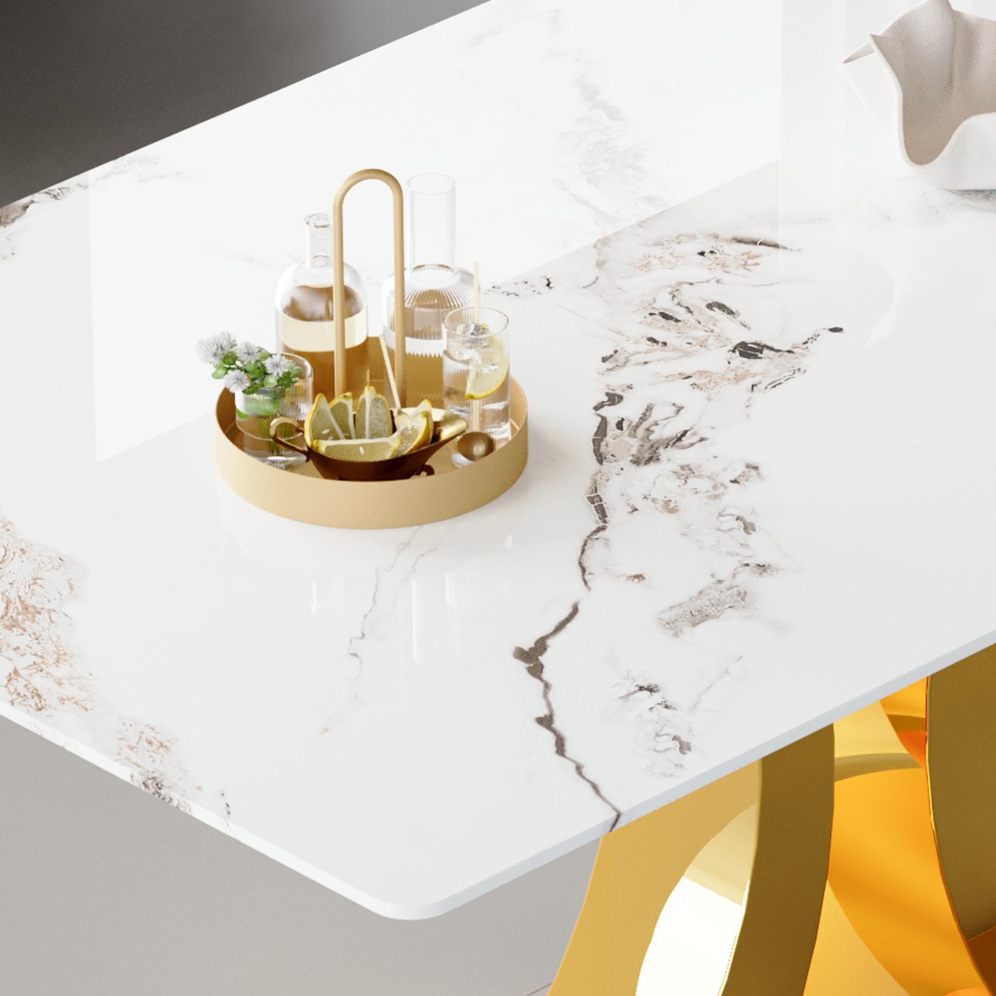 Dining Table Set for 6,Kitchen Table Chairs Set of 6,Modern Rectangular Dining Room Set 63" White Tempered Glass Top with Adjustable Stainless Steel Base,Velvet Upholstered Chairs,Golden Stainless Steel Plating Legs,Suitable for Dining Room,Office,Kitchen