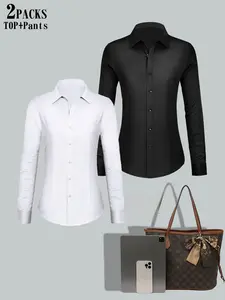 Women's Stain Shield Dress Shirt, Wrinkle-Free Long Sleeve Top, Solid Color Button-Down Blouse, Button Front Shirt, Casual Basic Fashion Women's Clothing