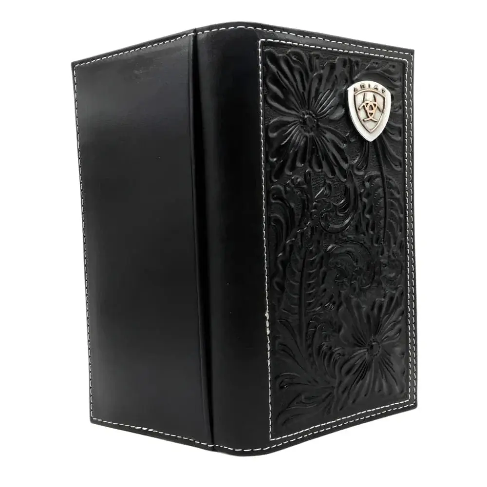 Ariat Men’s Black Genuine Top Grain Leather Western Rodeo Wallet - Floral Tooled, Heavy Stitched, Slim Low-Profile, Compartmented Card Slots, Masculine Multifunctional Fashion Durable Wallet for Gifting