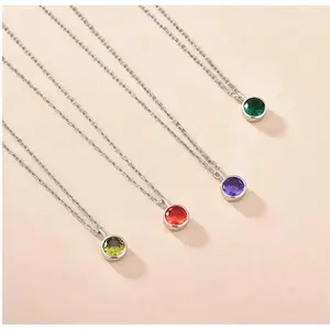 S925 Sterling Silver Pendant Necklace with 12 Zodiac Birthstones and Colored Zircon