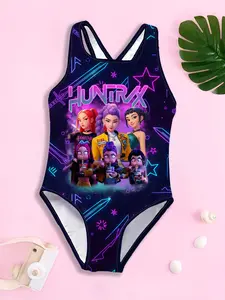 Girls' one-piece swimsuit "HUNTRX Cyber Cute Style" features a black background with cyber-style cartoon prints and a crisscross back design. It's cute and fresh, perfectly enhancing the atmosphere for summer pool or beach outfits~