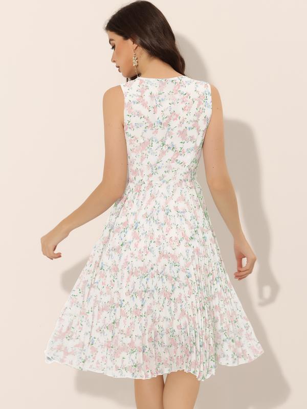 INSPIRE CHIC Floral Print Summer A-Line Below Knee Length Sleeveless Pleated Dress White