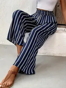 Women's Striped Print Pocket Wide Leg Pants, Casual Comfy Baggy Trousers for Daily Wear, Ladies Bottoms for All Seasons, Womenswear