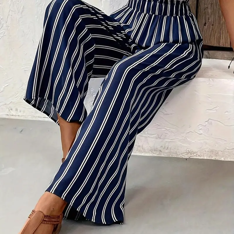 Women's Striped Print Pocket Wide Leg Pants Casual Comfy Baggy Trousers for Daily Wear, Ladies Bottoms for All Seasons, Fashion Bottoms, Womenswear