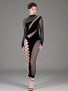 Long Sleeve Catsuit for Women Black Velvet Stripper Outfits One Piece Fishnet jumpsuit for Women