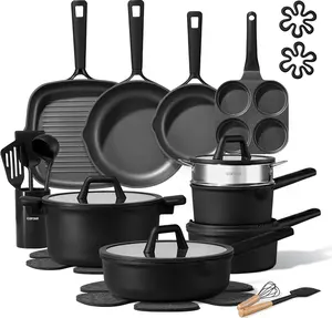 28PCS Pots and Pans Set, Nonstick Cookware Set Kitchen Non Stick Induction Titanium Cookware Non-toxic Granite Cooking set, PFOA Free, Black