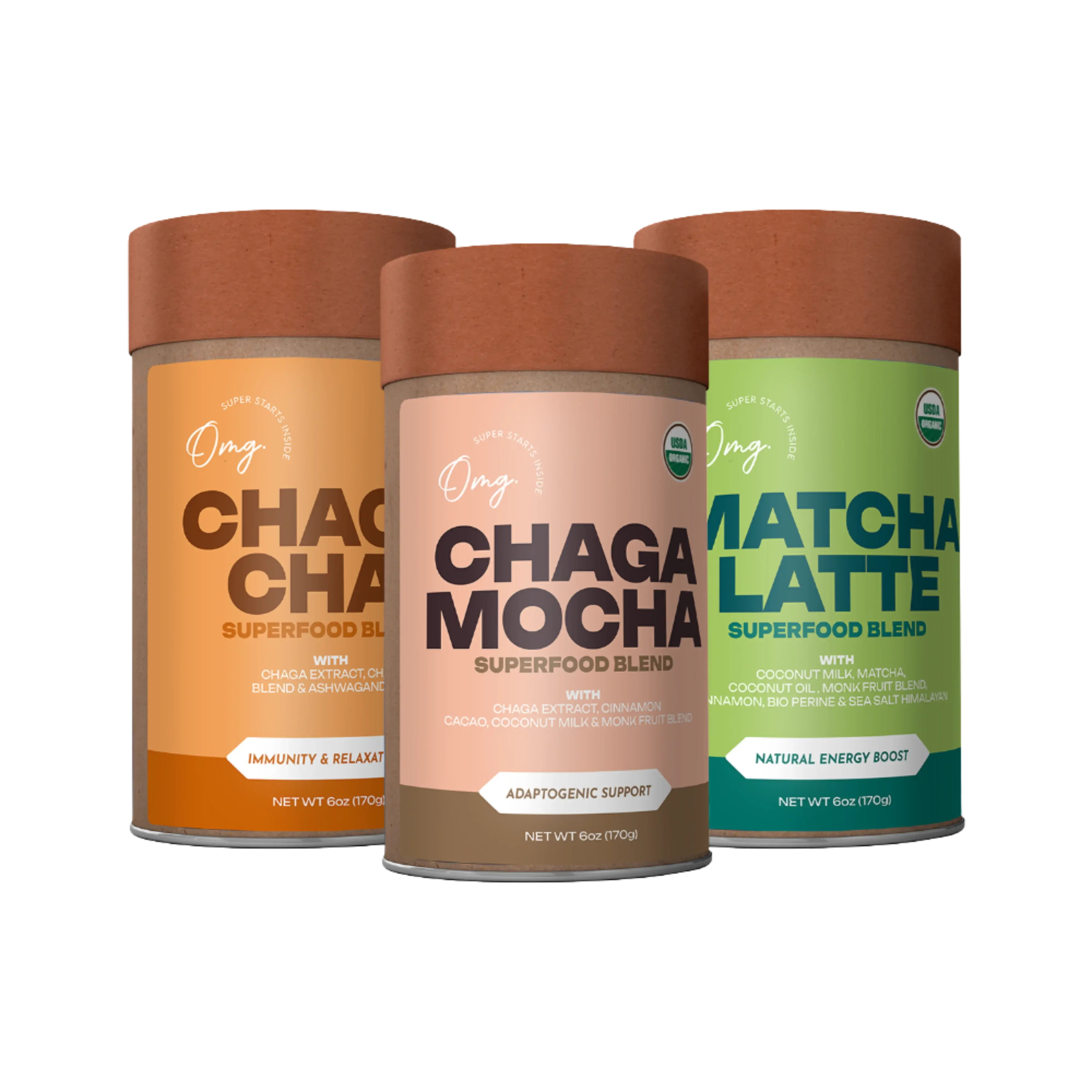 3-Pack Retail Bundle: Organic Chaga Chai (Tea), Organic Chaga Mocha, & Organic Matcha Latte Powder Perfect for Everyday Beverage with Coconut Milk Powder - Dietary & Healthcare
