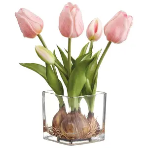9.05" Tulip With Bulb in Glass Vase Pink