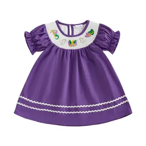 Little Girls Carnival Dress Summer Short Puff Sleeve Round Neck Embroidery Dress
