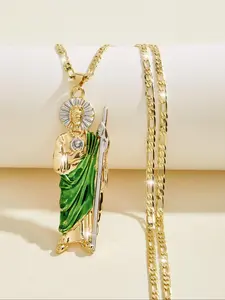 Fashion Hip Hop Large Saint Judas Pendant Necklace, Cuban Link Necklace, Copper Saint Christian Jewelry, Men's 24 Inch Fidelis Chain Gift, Faith Necklace