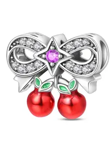 Cherry Bow Charm with Star Gem, Fruit & Leaf Enamel, Cute Girly Jewelry for Pandora Bracelet, Elegant Accessory
