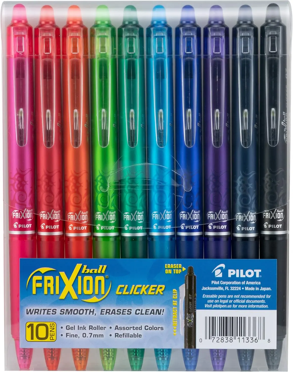 PILOT FriXion Clicker Erasable Refillable Retractable Gel Pen - Fine Point, Assorted Colors, Colored Pens Set Blue Pen