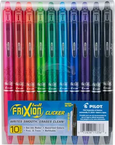 PILOT FriXion Clicker Erasable, Refillable, Retractable Gel Ink Pen - Fine Point, Assorted Colors, 10-Pack Pouch (11336)