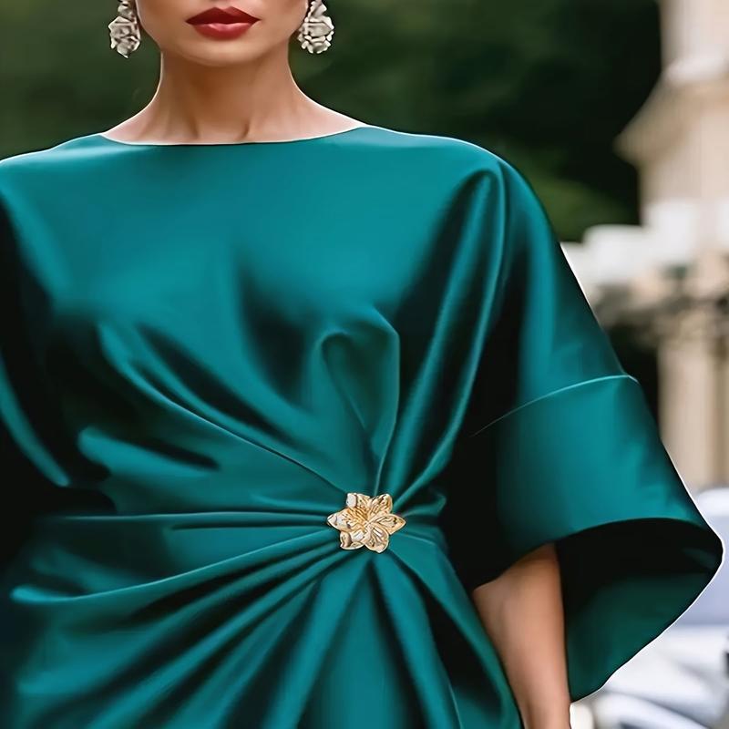 Plus Size Elegant Emerald Green Satin Maxi Dress with 3D Waist Ruching Batwing Sleeves Luxurious Vintage Inspired Long for Women Spring Summer Fall Casual to Formal Occasions Fit and Flare