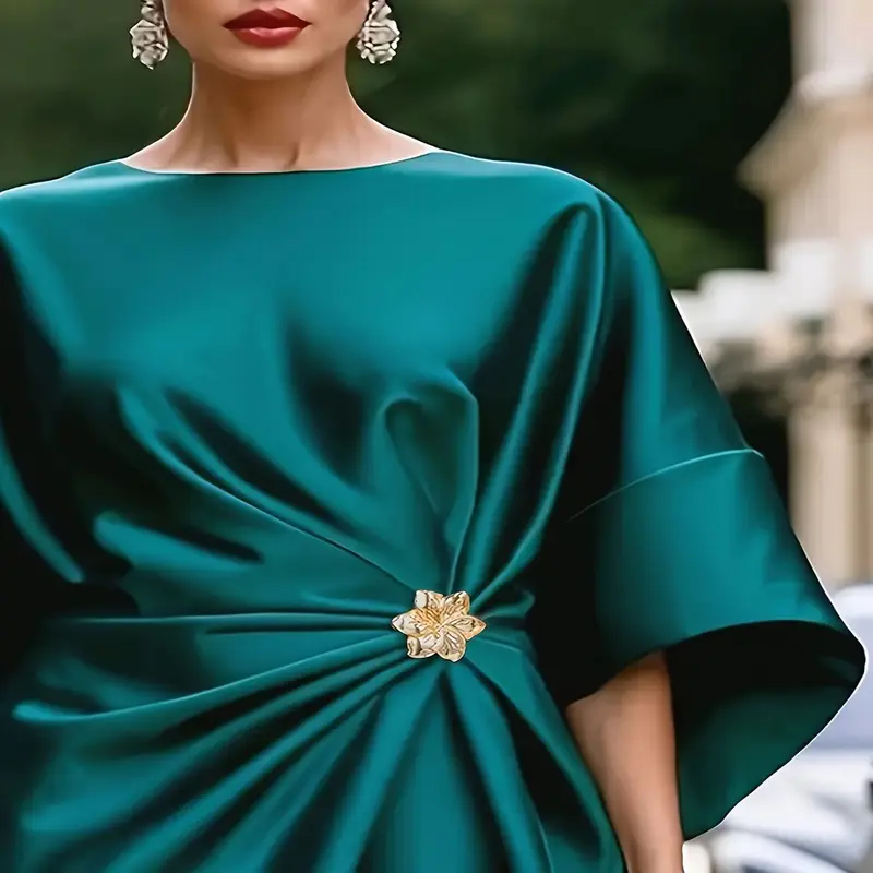 Plus Size Elegant Emerald Green Satin Maxi Dress with 3D Waist Ruching Batwing Sleeves Luxurious Vintage Inspired Long for Women Spring Summer Fall Casual to Formal Occasions Fit and Flare