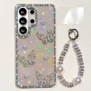 A diamond encrusted butterfly, full diamond border, pearl sparkling diamond hanging chain phone case, Smartphone, suitable for Galaxy S23/S24 Ultra/FE/PIUS A07/A17/A37/A57/A16/A26/A36/A56 3D rhinestone decoration, luxury sparkling diamonds