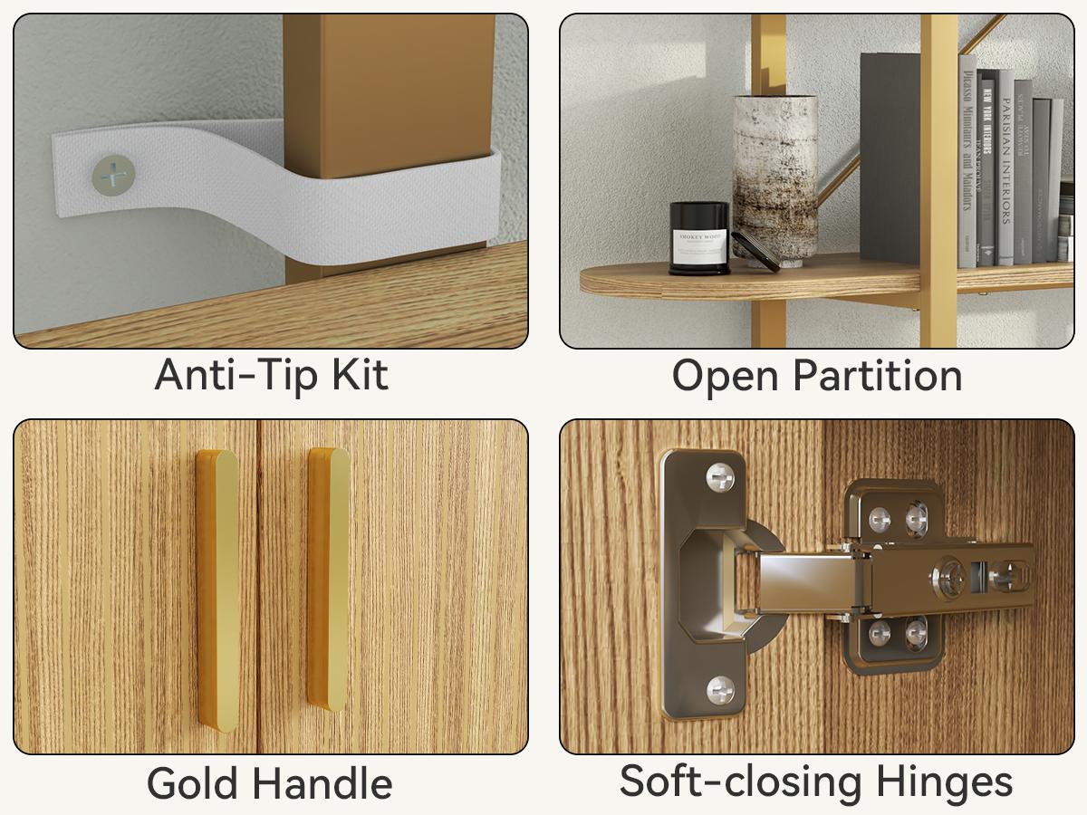 Mid-Century Modern Curved Bookcase, 4-Tier Fluted Arched Bookshelf with Sliding Tambour Doors and Closed Storage Cabinet, Multi-Functional Wide Display Cabinet, Freestanding Book Organizer for Living Room, Bedroom, Home Office(1pc))