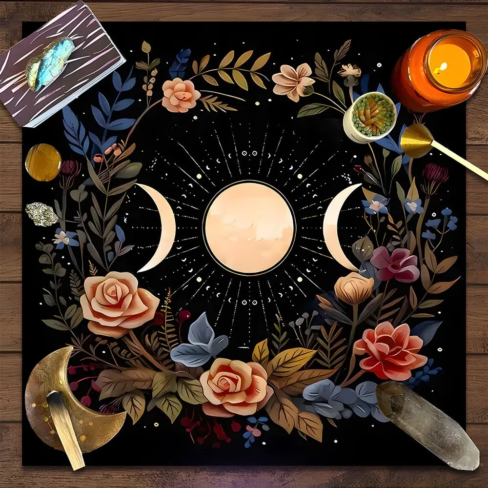 Mystical Full Moon Floral Wreath Tarot Tablecloth, SSquare Witchy Altar Tabletop Decoration, Polyester Spiritual Home Decor, Multiple Sizes, Easy to Clean Decorative Divination Cloth for Tarot Spreads & Rituals, Spiritual Gift for Family & Friends
