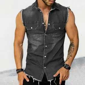 Men's Denim T-Shirt Turn-down Collar Sleeveless Cardigan Top Cross-border Muscle Vest Men's Clothing