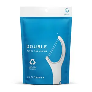 Double Flosspyx, Floss Picks, 75 Count, Dental Flossers, Minty Flavor, Recycled Plastic, 2 Lines of Strong Floss, Longer Floss Head, Traps Food and Plaque, Includes Safe Soft Fold-Back Tooth Pick
