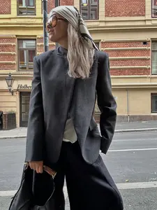 Gray Soft Blazer Long Sleeve Asymmetric Button - Up Collar Flap Pockets Versatile Office & Streetwear Women's Outerwear 2025 New Fashion Outfits