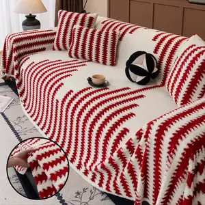 1Pc Christmas Red Stripe Sofa Blanket, Woven Jacquard Couch Cover Shawl, Sofa Couch Covers, Thickened Soft Reversible, Pet-Friendly Washable Furniture Protector, Non-Slip Scratch-Proof Sofa Towel/Sofa Sheet, Couch Slipcover, fits Armchair/Loveseat/Sofa