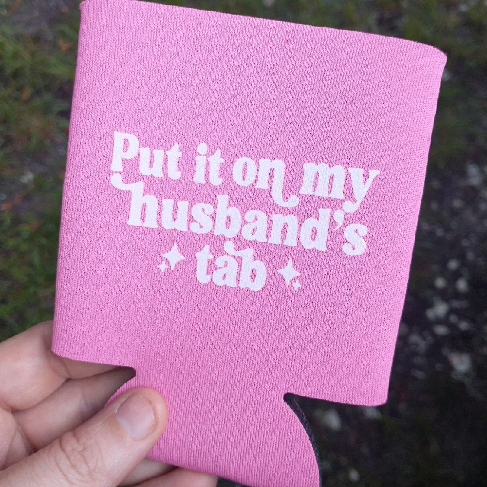 Husband tab Drink Koozie - Black Beverage Insulator with Bold White Text Design