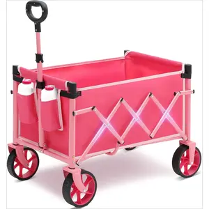 Heavy Duty Wagon with Big Wheels, Foldable Cart with 220LBS Capacity, Utility Lightweight Wagon, Collapsible Grocery Shopping Cart for Camping Sports & Holiday. Barbie Pink pink shopping beach cart
