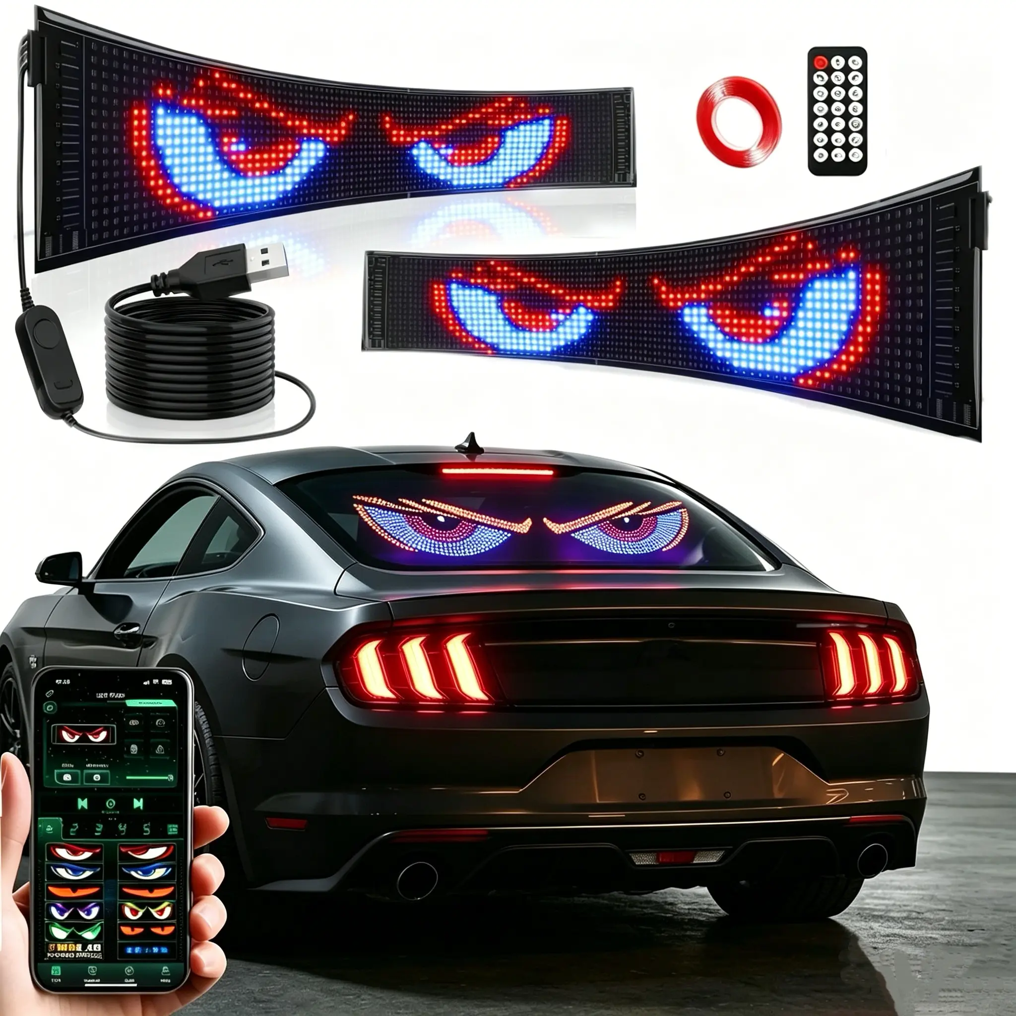 Programmable LED Devil's Eye Lights – Bluetooth APP Wireless Control, USB Rechargeable,Wireless APP-Controlled Scrolling LED Screen,IP67 Waterproof,for Car Trucks,Car Decals ,Car Accessories