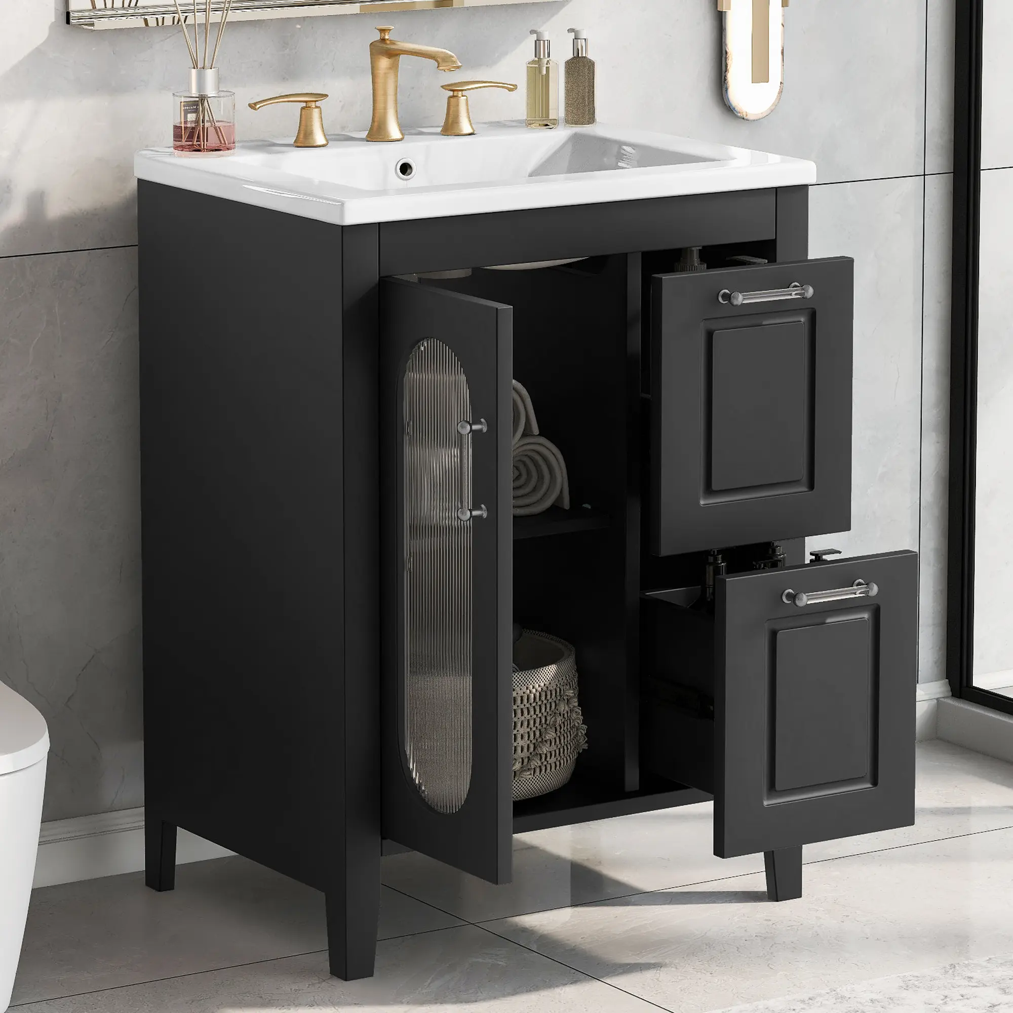 24-Inch Farmhouse Freestanding Bathroom Vanity Single Unit - Solid Wood & MDF Base Construction, Ceramic Sink Basin with Overflow Drain, 2 Drawers & 1 Door Storage, Waterproof, Easy to Clean, Assembly Required (for Small Bathrooms, Powder Rooms)