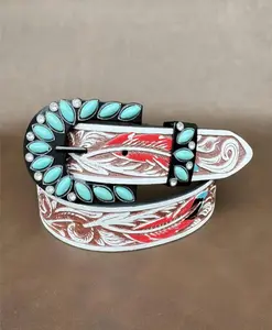 Western Fashion Belt with Turquoise Accents and Red Detailing - Western Style Accessory