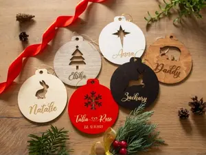 Personalized 1 Layered - Wooden Christmas Ornaments, Custom Name Family & Couple Baubles, Engraved Holiday Tree Decor Gift for Xmas Stockings